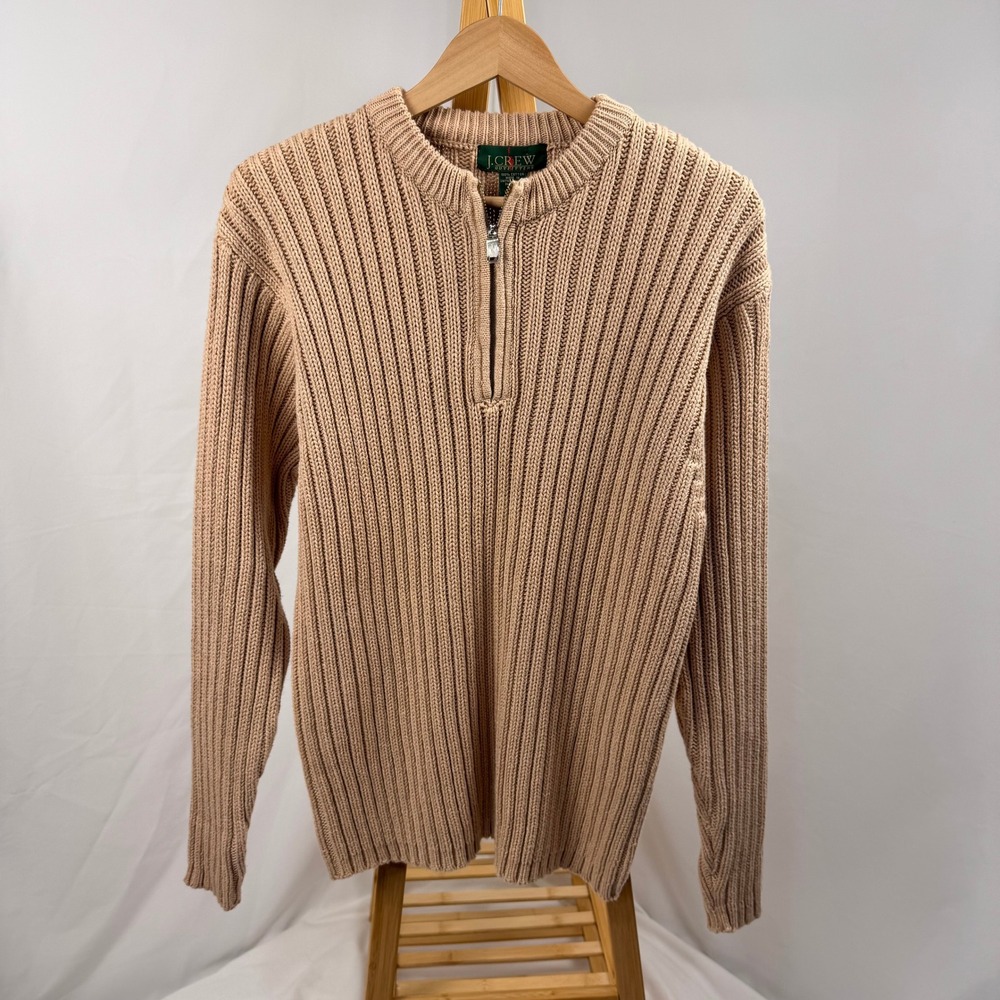 J.Crew 100% Cotton Vtg UK Made Fisherman Ribbed Quarter Zip Sweater Men L Tan